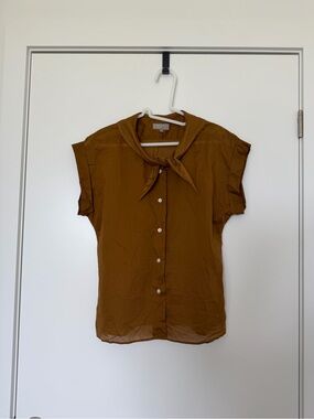 Tie-Neck Short Sleeve Blouse in Warm Brown